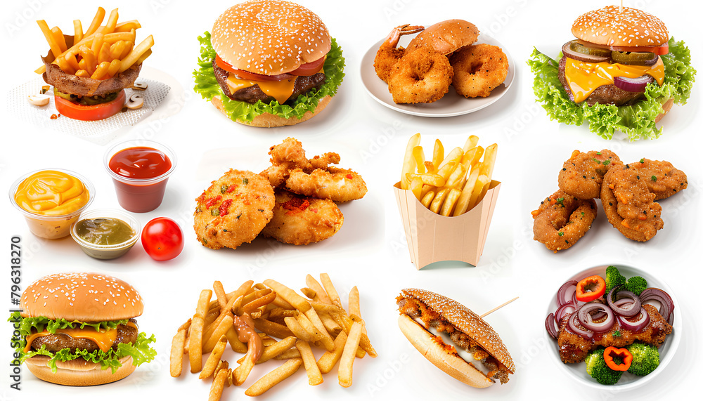 Collage of tasty fast food on white background Collage of tasty fast food on white background
