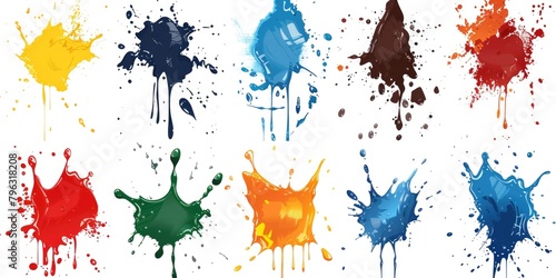 Vibrant paint splatters on a clean white backdrop, suitable for various design projects