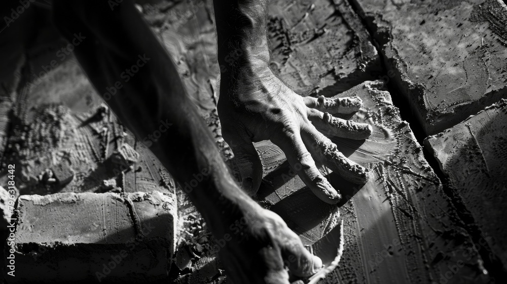 A black and white image of a craftsman with a trowel in hand smoothing out mortar between bricks. The contrast and shadows highlighting the skill and precision involved in bricklaying. .