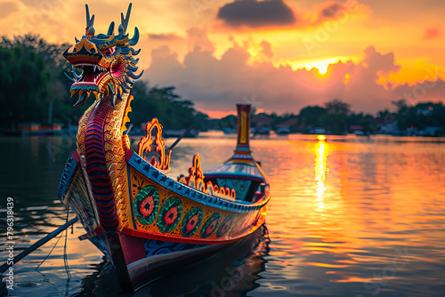 Generative AI Image of Dragon Boat on the Lake in Chinese Cultural Festival at Sunset
