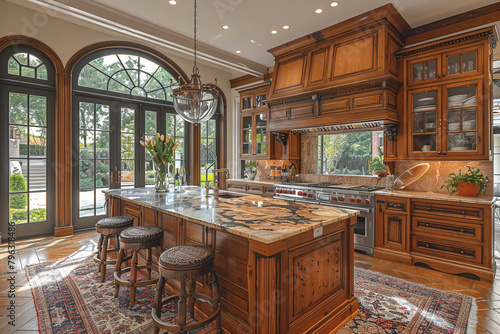 A luxury kitchen with custom cabinetry and a marble-topped . photo