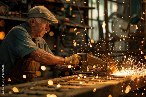 A man is seen working on a piece of metal with sparks flying. Suitable for industrial and manufacturing themes © Fotograf