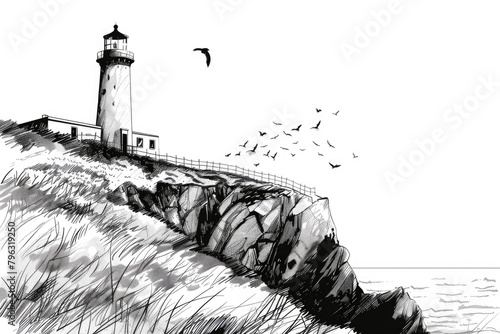 Detailed black and white drawing of a lighthouse on a cliff. Suitable for various design projects