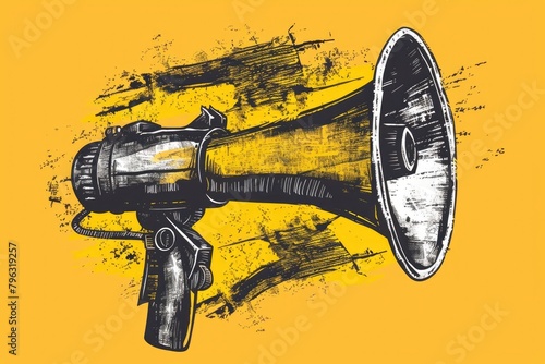 Illustration of a megaphone on a bright yellow background. Perfect for advertising or announcements © Fotograf