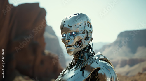 robot cyborg android in the mountains future alien astronaut soldier army