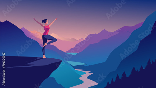 Against a deep purple sky a woman performs a balancing pose on a jagged cliff edge high above a winding river and lush green valleys below. The © Justlight