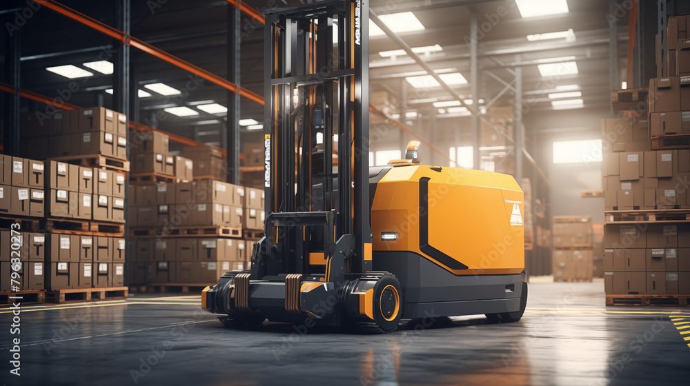 automatic forklift doing storage in warehouse, robotic work in industrial logistics with the help of artificial intelligence 