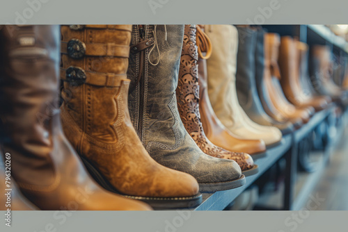 A close-up shot of a line of high end boots in a fashion store, using a shallow depth of field to blur the background and emphasize the leather textures and decoration, muted color tone.