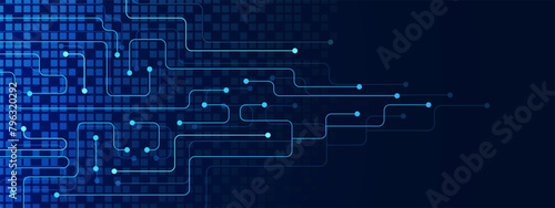 Abstract network connection with connecting dots lines. Circuit board technology futuristic. Global communication concept with digital pixels on dark blue background.