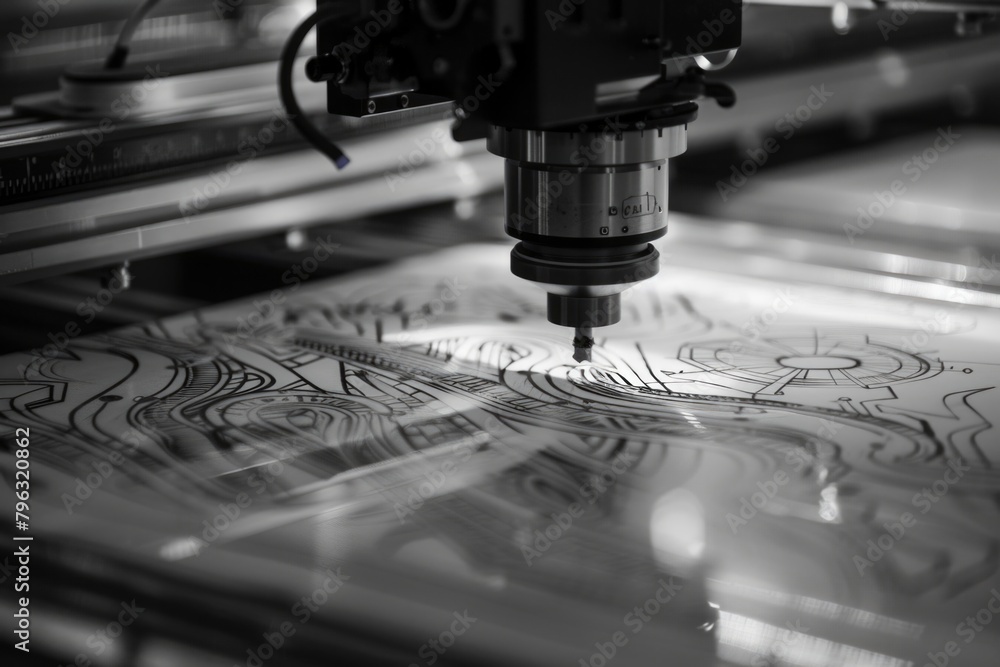 Close up of a machine with a drawing, suitable for industrial or artistic concepts Close up of a machine with a drawing, suitable for industrial or artistic concepts
