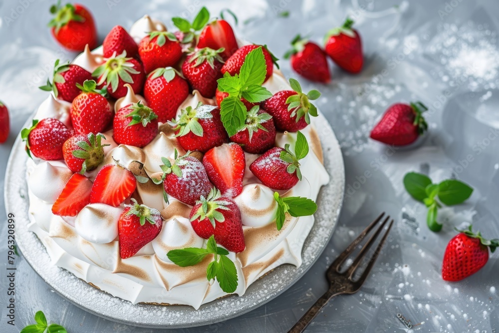 Delicious cake topped with fresh strawberries and whipped cream, perfect for dessert menus Delicious cake topped with fresh strawberries and whipped cream, perfect for dessert menus