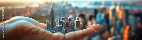 Closeup of a hand gently cradling a meticulously crafted miniature city skyline, set against a backdrop of a real urban landscape, blending reality with miniature art