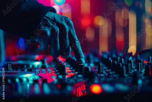 A DJ's hand is shown adjusting the knobs on a turntable