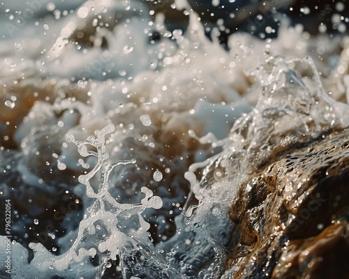 Close-up photo of water droplets splashing on brown rock