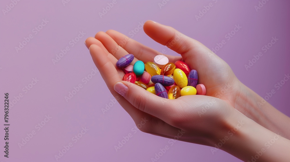 hand holding pills on soft purple hand holding pills on soft purple