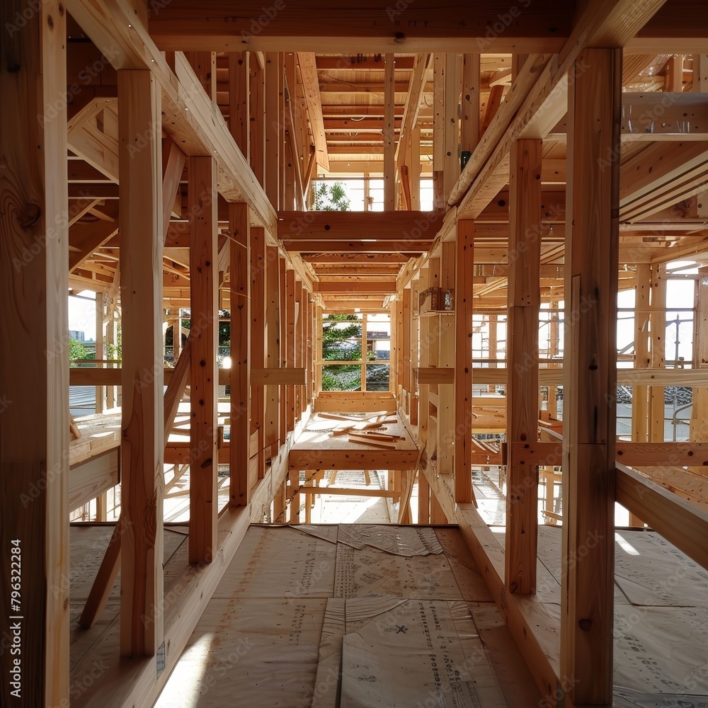 Constructing the wooden house frame building the skeleton of a cozy and charming home Constructing the wooden house frame building the skeleton of a cozy and charming home