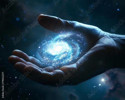 A hand holding a glowing blue galaxy. The hand is in the center of the image. The galaxy is surrounded by stars and dust. The image is dark and mysterious