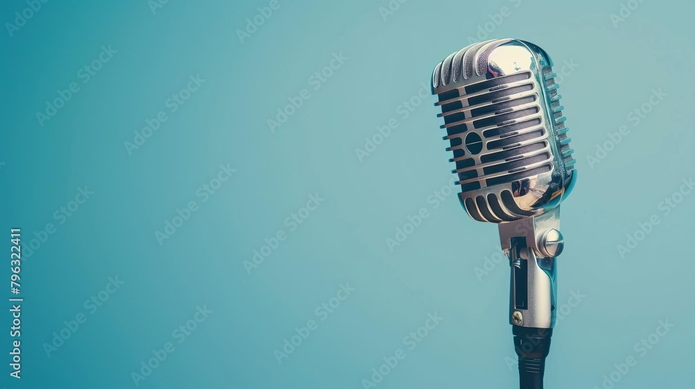 Fototapeta premium Retro silver microphone against a blue background