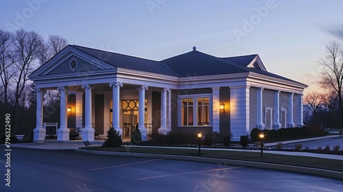 The front of a modern funeral home at dusk