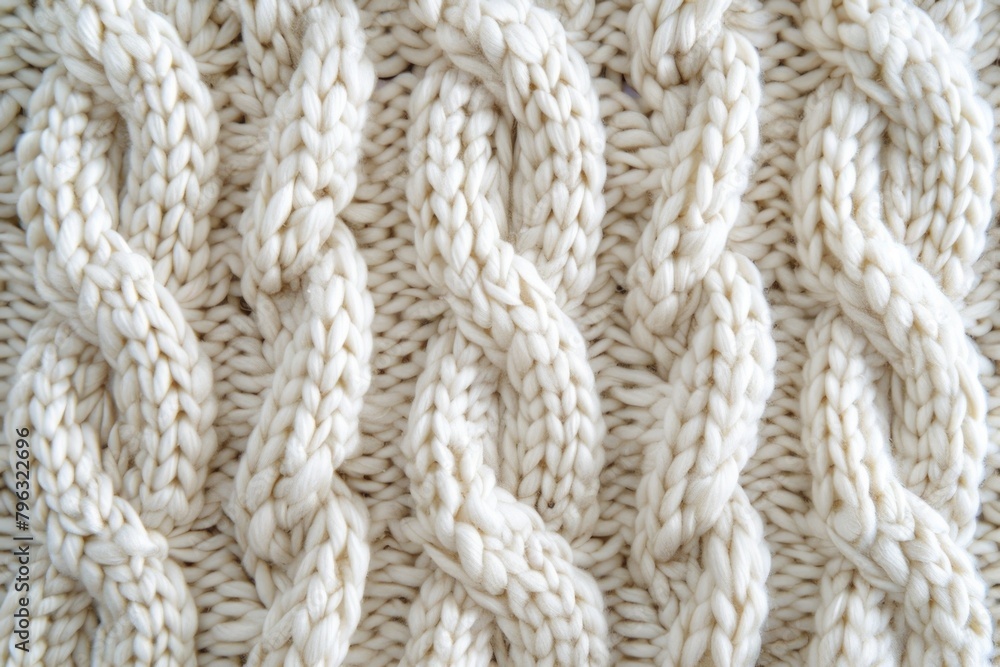 Detailed view of a white knitted blanket, suitable for cozy home decor Detailed view of a white knitted blanket, suitable for cozy home decor