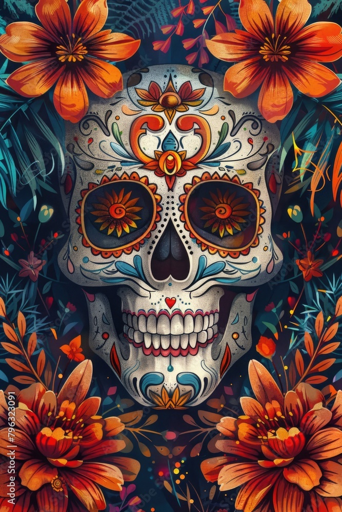 Colorful sugar skull surrounded by vibrant flowers and leaves, perfect for Dia de los Muertos celebrations or Halloween decorations