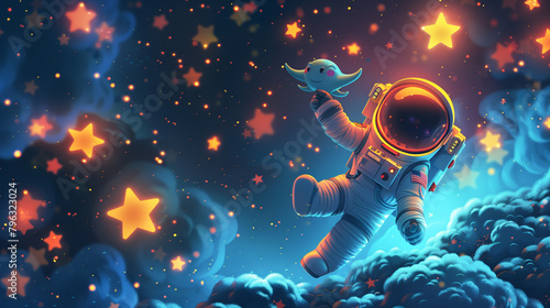 Cartoon astronaut floating in space with a cute alien on a backdrop of twinkling stars