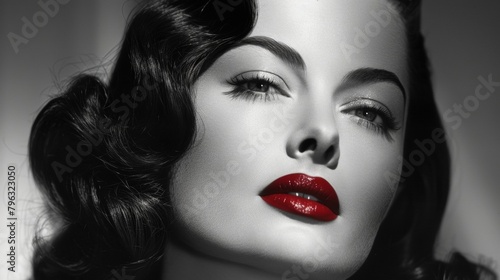 A stunning black and white image of a Hollywood starlet her flawless complexion and classic red lipstick stealing the show at a prestigious film industry event. .