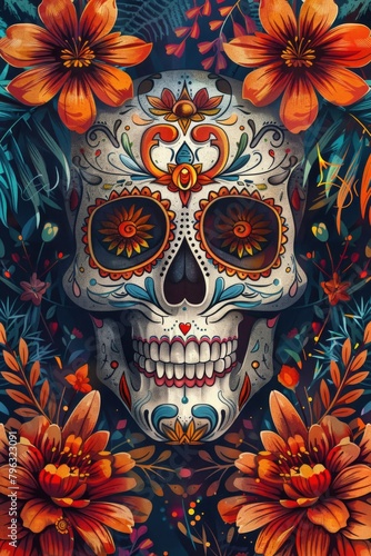 Colorful sugar skull surrounded by vibrant flowers and leaves  perfect for Dia de los Muertos celebrations or Halloween decorations