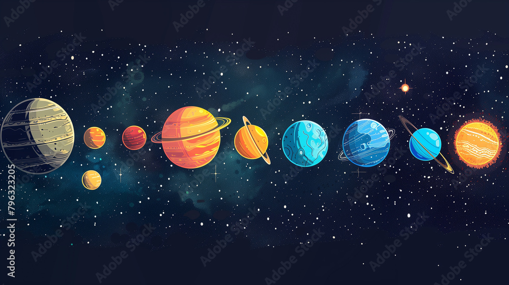 Fototapeta premium vibrant illustration of the solar system with colorful planets in a row against a dark starry background