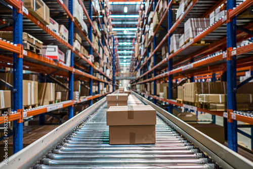A conveyor belt in a warehouse with boxes on it photo