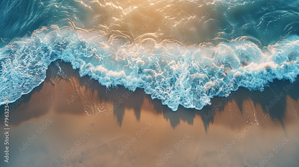 Top view of a sandy beach with waves creating patterns on the shore