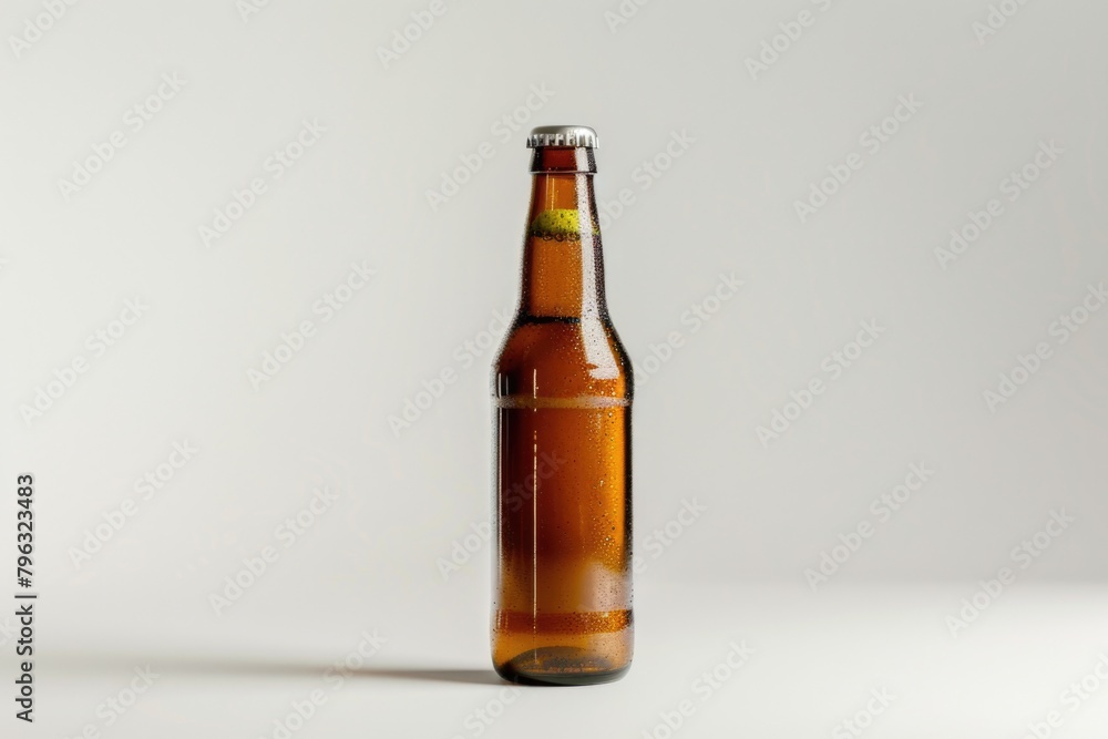 A brown beer bottle placed on a white table. Suitable for beverage or restaurant concepts A brown beer bottle placed on a white table. Suitable for beverage or restaurant concepts