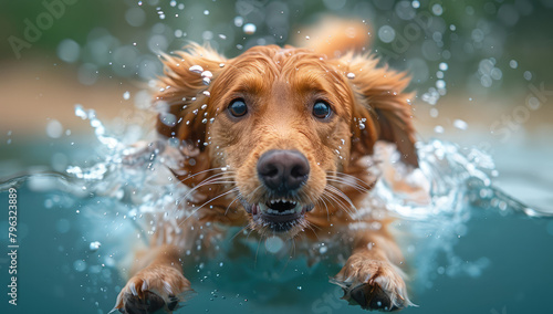 A golden retriever dog is swimming underwater, with its head above the water surface and mouth open to breathe in air Created with Ai photo