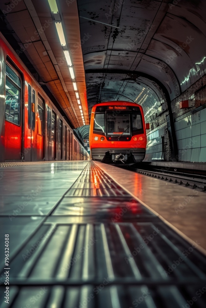 A red train pulling into a bustling train station. Perfect for transportation or travel concepts