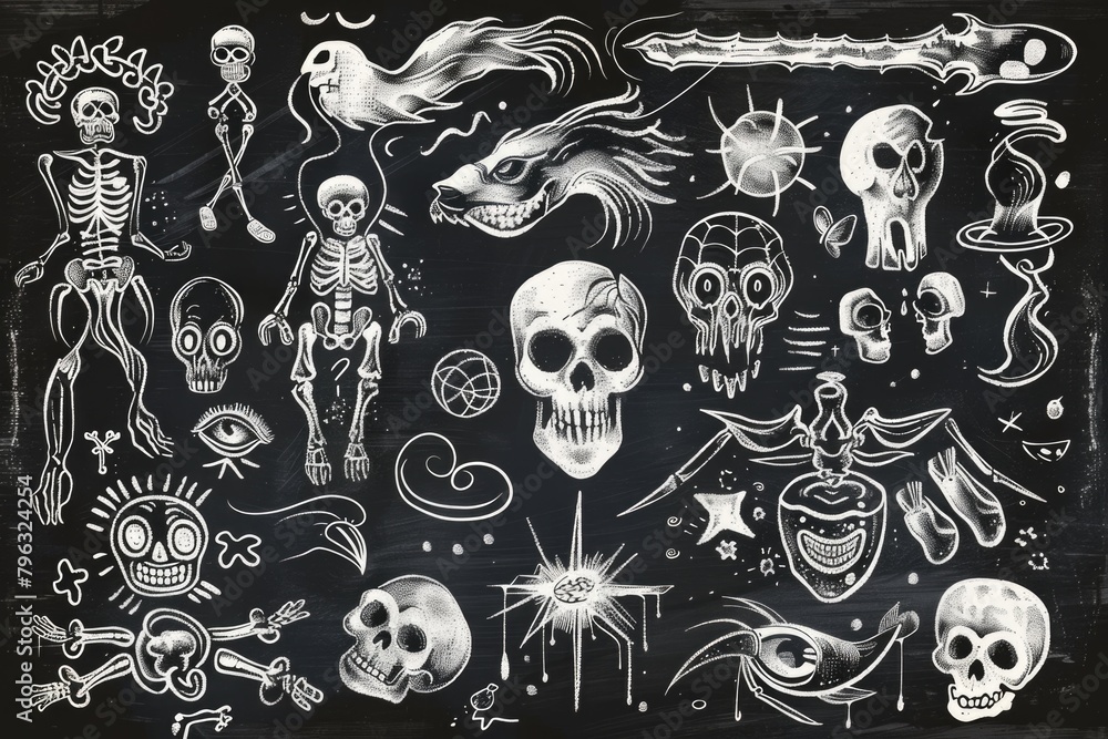 Detailed chalkboard drawing of various skulls, perfect for educational or Halloween-themed projects