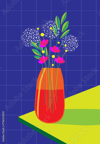 Vector illustration of a vase with flowers on a table in bright and vivid colors
