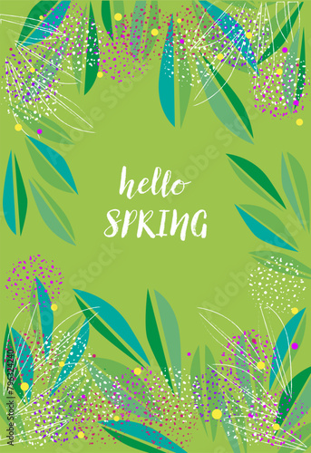 Floral green background with hello spring text in the middle © asife