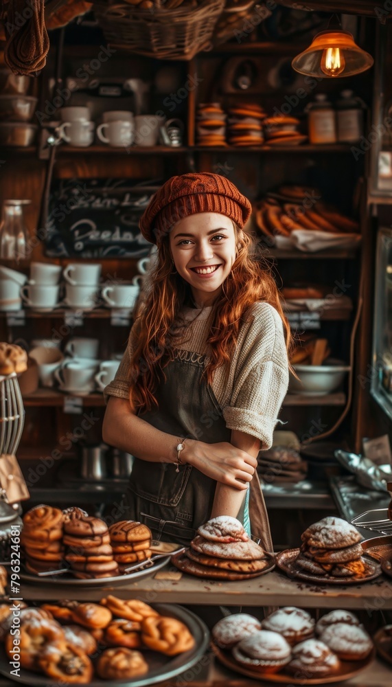 Confident female pastry chef showcasing pride and expertise in her artisan bakery