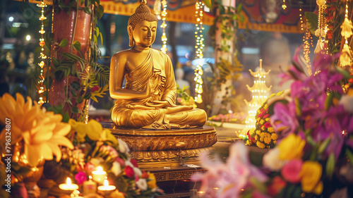 A Buddha statue surrounded by burning candles and flowers. The concept of "Happy Vesak Day". Experience the serene beauty of a Buddhist saint. The bokeh effect in the background.
