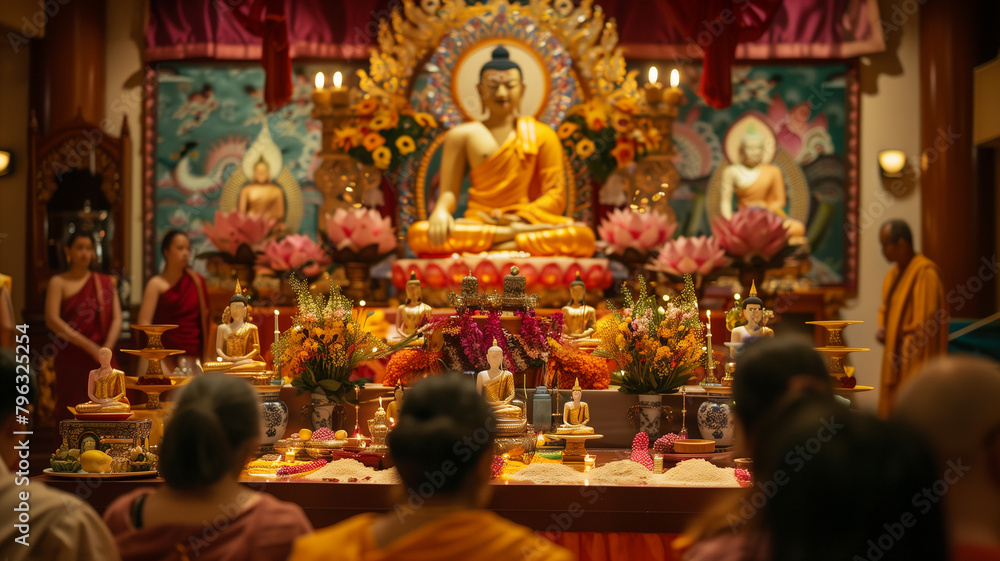 A Buddha statue surrounded by burning candles and flowers. The concept of 