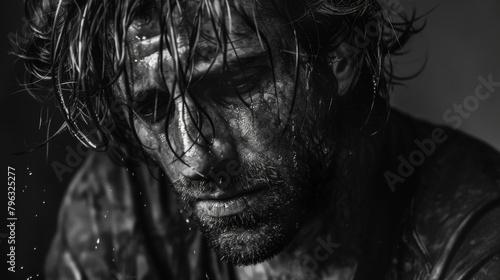 A dramatic black and white portrait shows the actor in a state of exhaustion sweat dripping down their face and their hair wild and unruly. The emotion of exhaustion and physical fatigue .