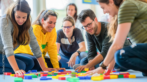 Diverse group of people engaging in a team building activity, collaboratively solving puzzles with colorful blocks on the floor, promoting teamwork and problem-solving skills.