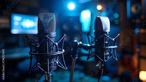 Two microphones in dark podcast or interview room with wide banner. Concept Podcast Setup  Interview Room  Dark Ambiance  Wide Banner  Two Microphones