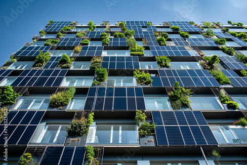 A high-rise apartment building with balconies equipped with solar panels, exemplifying vertical integration of renewable energy solutions in urban living. photo