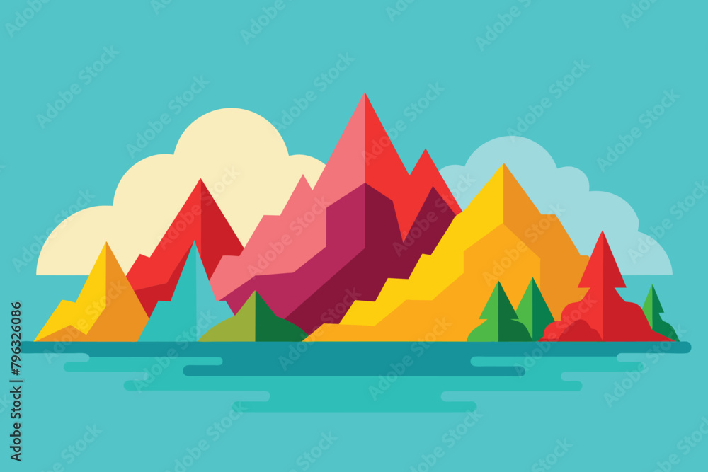 Color mountains near water Chinese style vector design