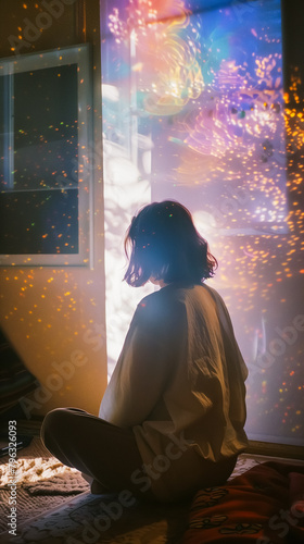 Woman engulfed in mesmerizing light patterns, casting a silhouette against the vibrant display of colors and shapes illuminating the room, creating an atmosphere of mystery and enchantment.
