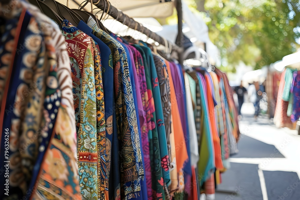 Clothing racks filled with various fabrics at outdoor market. Concept Outdoor Market, Fabric, Clothing Racks, Shopping Experience, Textiles