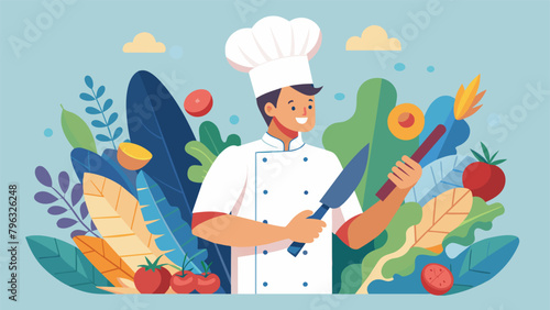 Knife and fork in hand a chef delicately slices through a colorful arrangement of vegetables meats and grains adding each piece to the blank