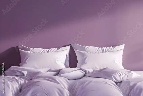 Closeup mockup bed with white bedding against pastel mauve backdrop. Concept Bedroom Decor, Minimalist Design, Soft Color Palette, Closeup Shots, Bedding Mockup