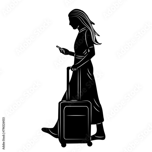 woman walking with phone and suitcase silhouette on white background vector